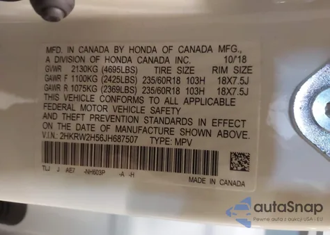 2018 Honda Cr-V Ex z USA, uszkodzony, nr VIN 2HKRW2H56JH687507